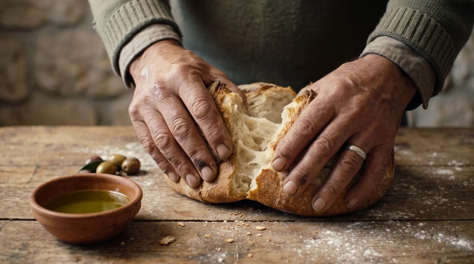 Hands tearing a warm loaf beside a small bowl of oil