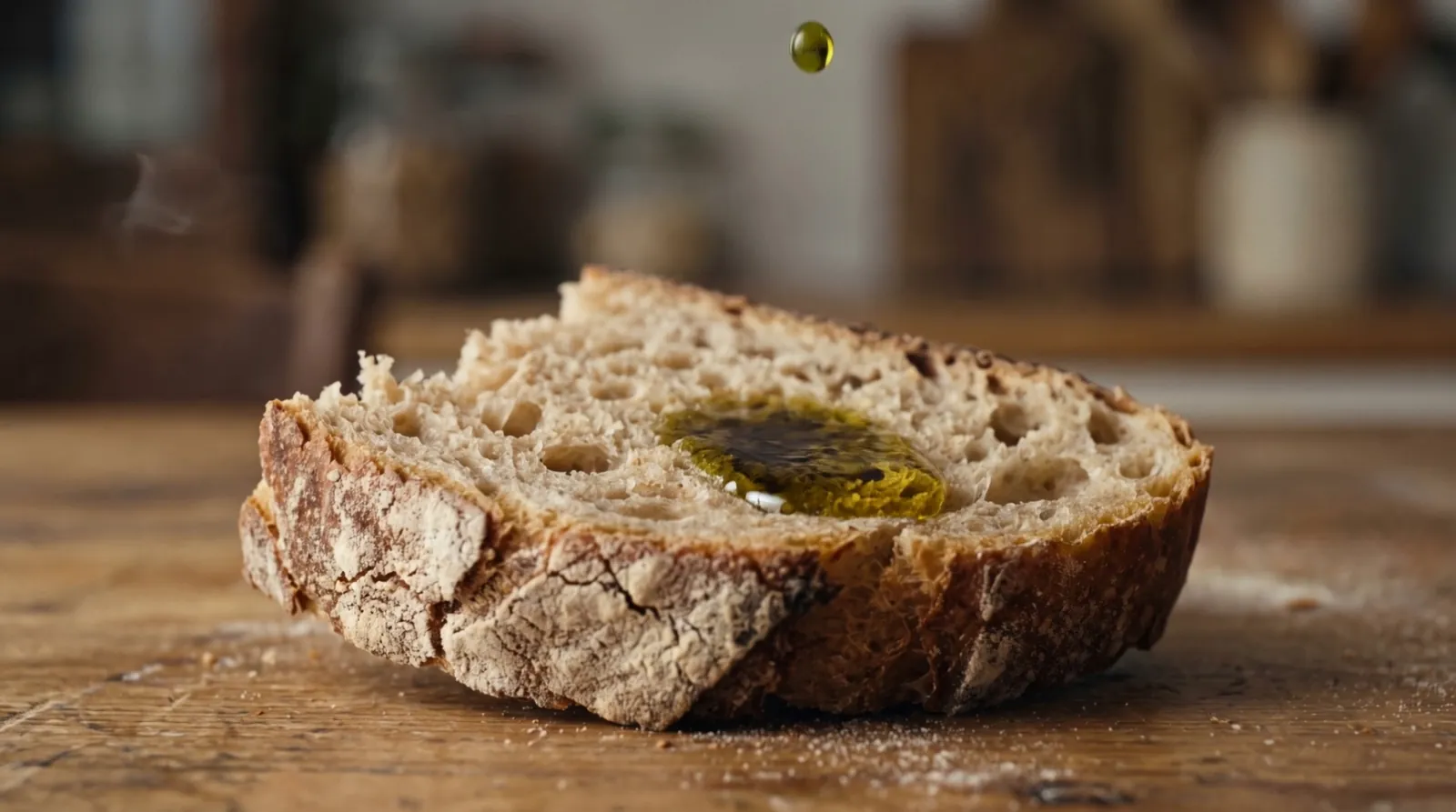 A slice of bread with a golden drop of olive oil