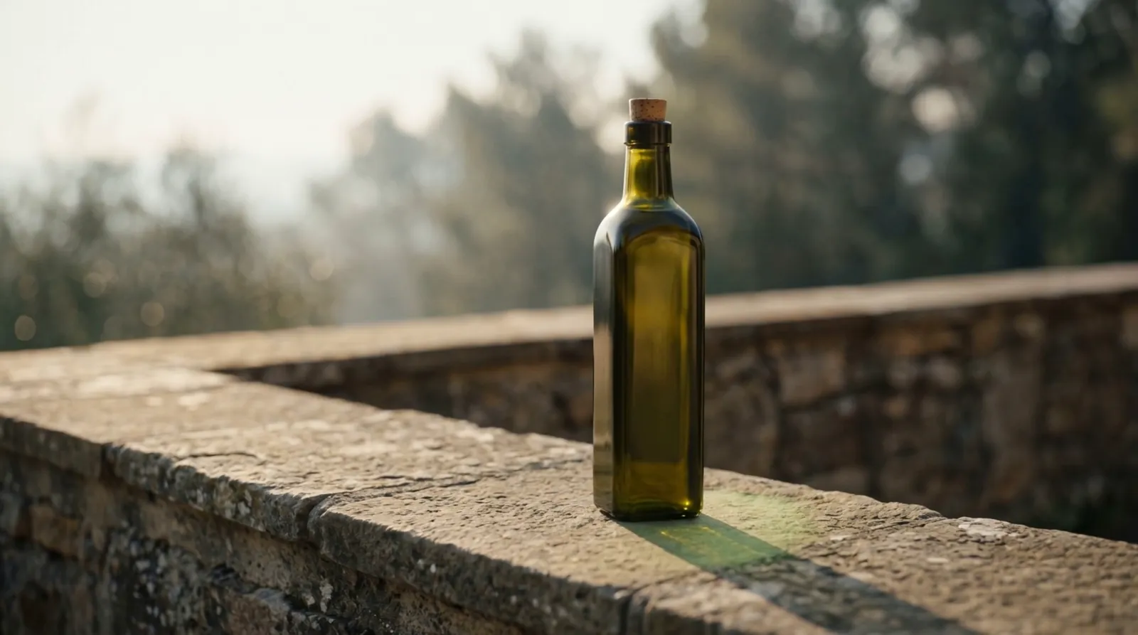 A dark glass bottle on a stone wall in the grove