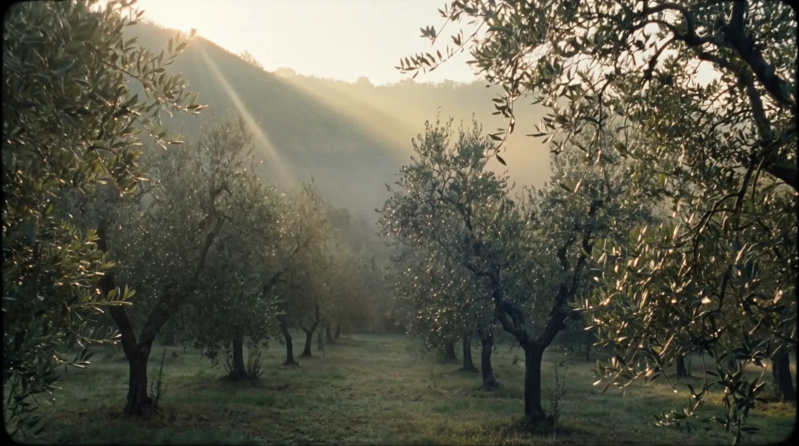 First sunbeams through the olive trees in morning mist
