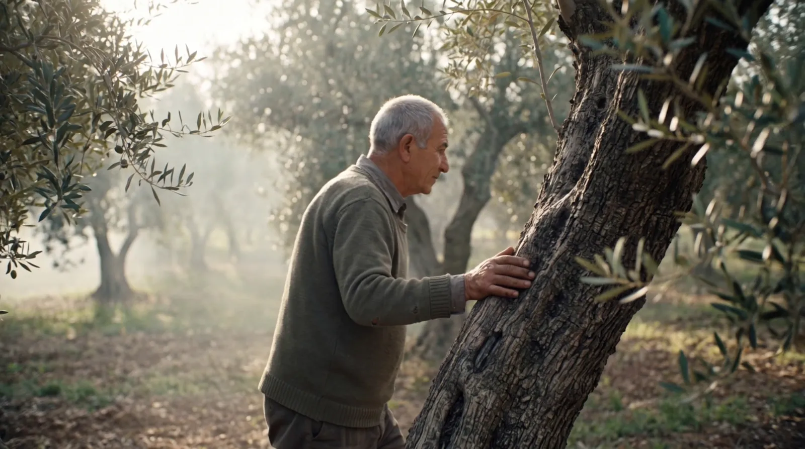 An old farmer touches the trunk of an ancient olive tree in morning mist