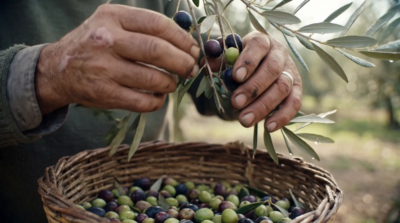 Hands picking olives into a wicker basket