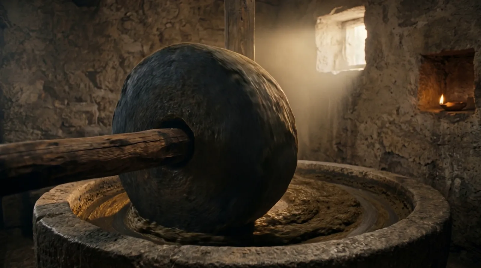 An ancient millstone turning in a stone press house